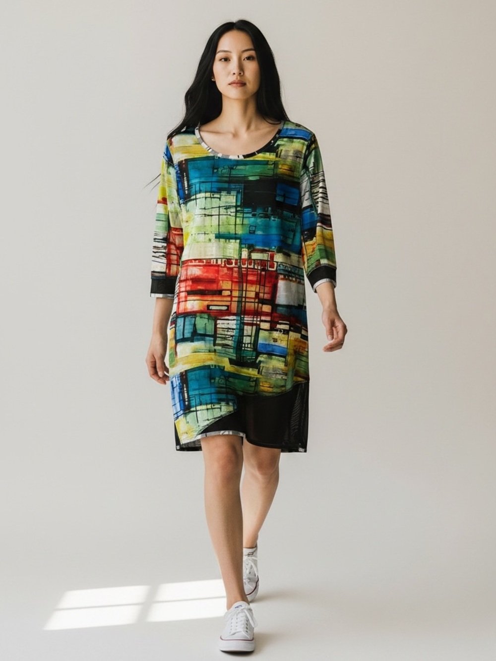 NWT LEMON GRASS Reversible Stretch 3/4 Sleeve Dress Infinity Watercolor Small
